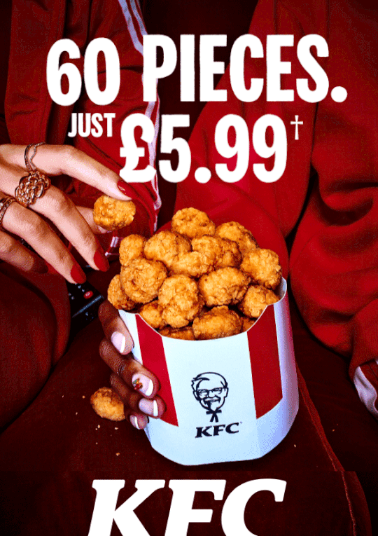 Get feastin' with a 60pc Popcorn Chicken Bucket for just £5.99.