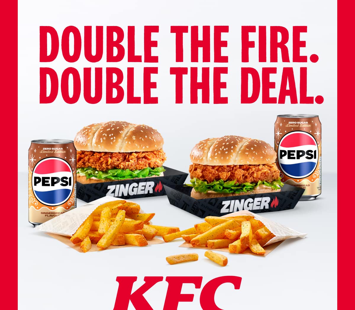 Tuck into 2 Zinger Burgers, 2 regular Signature Fries and 2 cans of Pepsi Gingerbread 