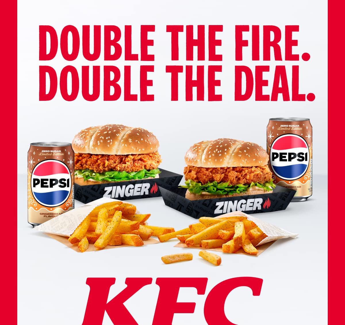 Tuck into 2 Zinger Burgers, 2 regular Signature Fries and 2 cans of Pepsi Gingerbread 