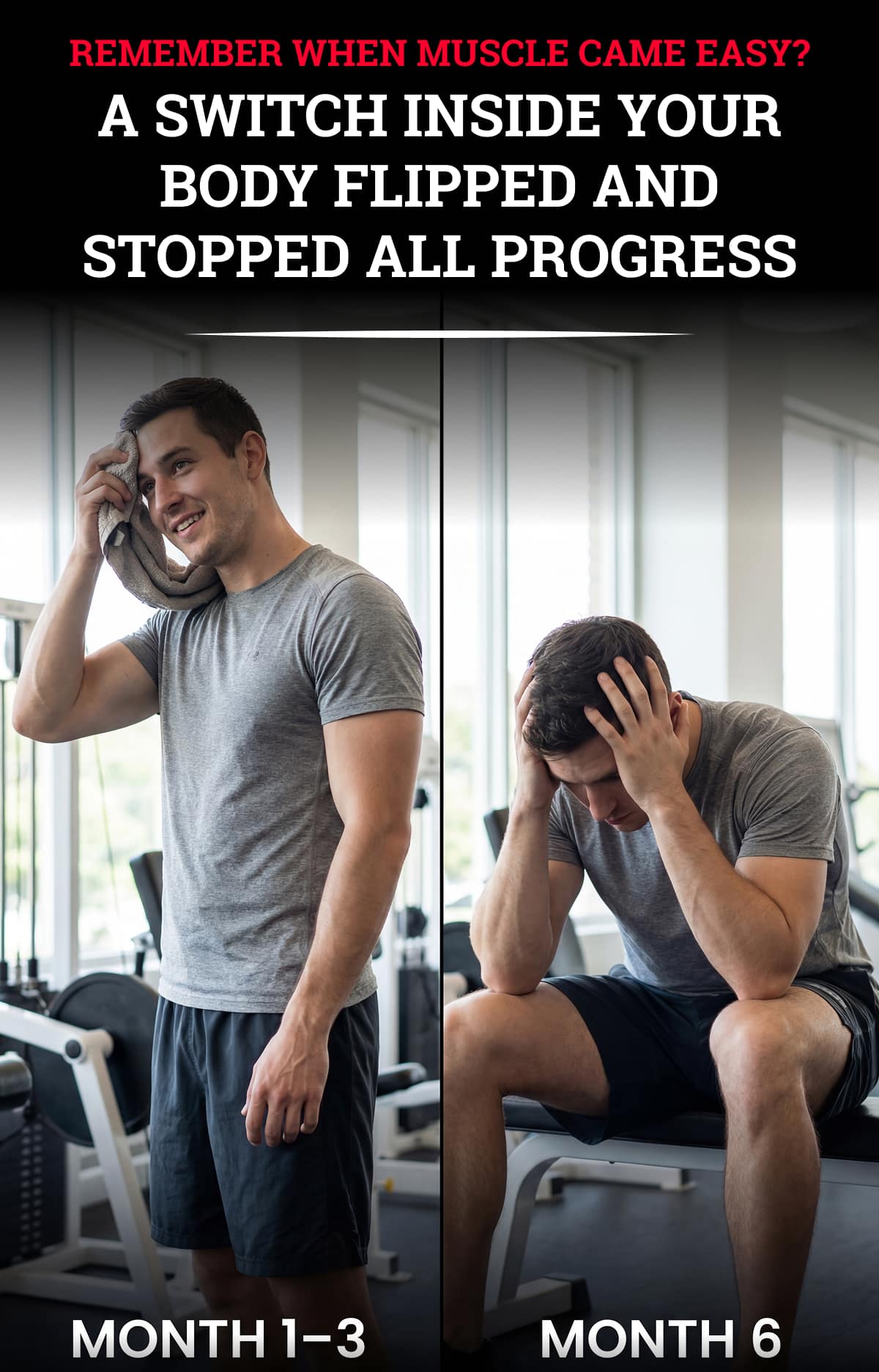 Remember when muscle came easy? The first three months in the gym felt automatic — strength climbing weekly, visible size showing up fast. Then progress stalled. That's not bad programming. It's biology. Around month four, your body increases myostatin — a natural muscle-blocking protein designed to limit growth. Newbie gains happen while myostatin stays low. Once it ramps up, growth slows to a crawl no matter how hard you train. Myo-Grow is built to reverse that shift. Epicatechin helps suppress the gene responsible for myostatin production, while beta-ecdysterone improves how your body converts protein into real muscle tissue. Lower the blocker. Restart growth. Make your body respond like it did in month one.