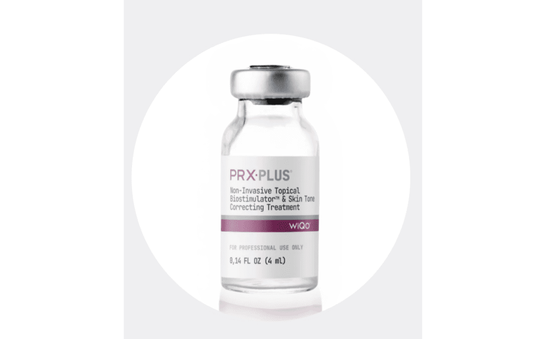 Bottle of PRX PLUS topical treatment with offer details for a 5-session bi-weekly rejuvenation series.