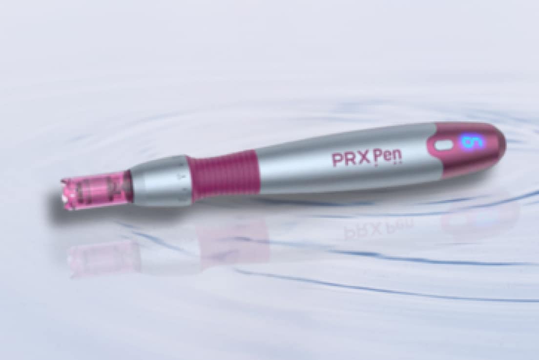PRX Pen device shown on a smooth background promoting microneedling treatments.