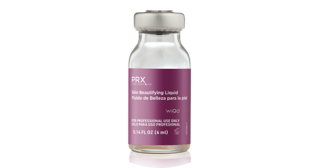 Bottle of PRX Skin Beautifying Liquid with offer details for a 4-week treatment series.